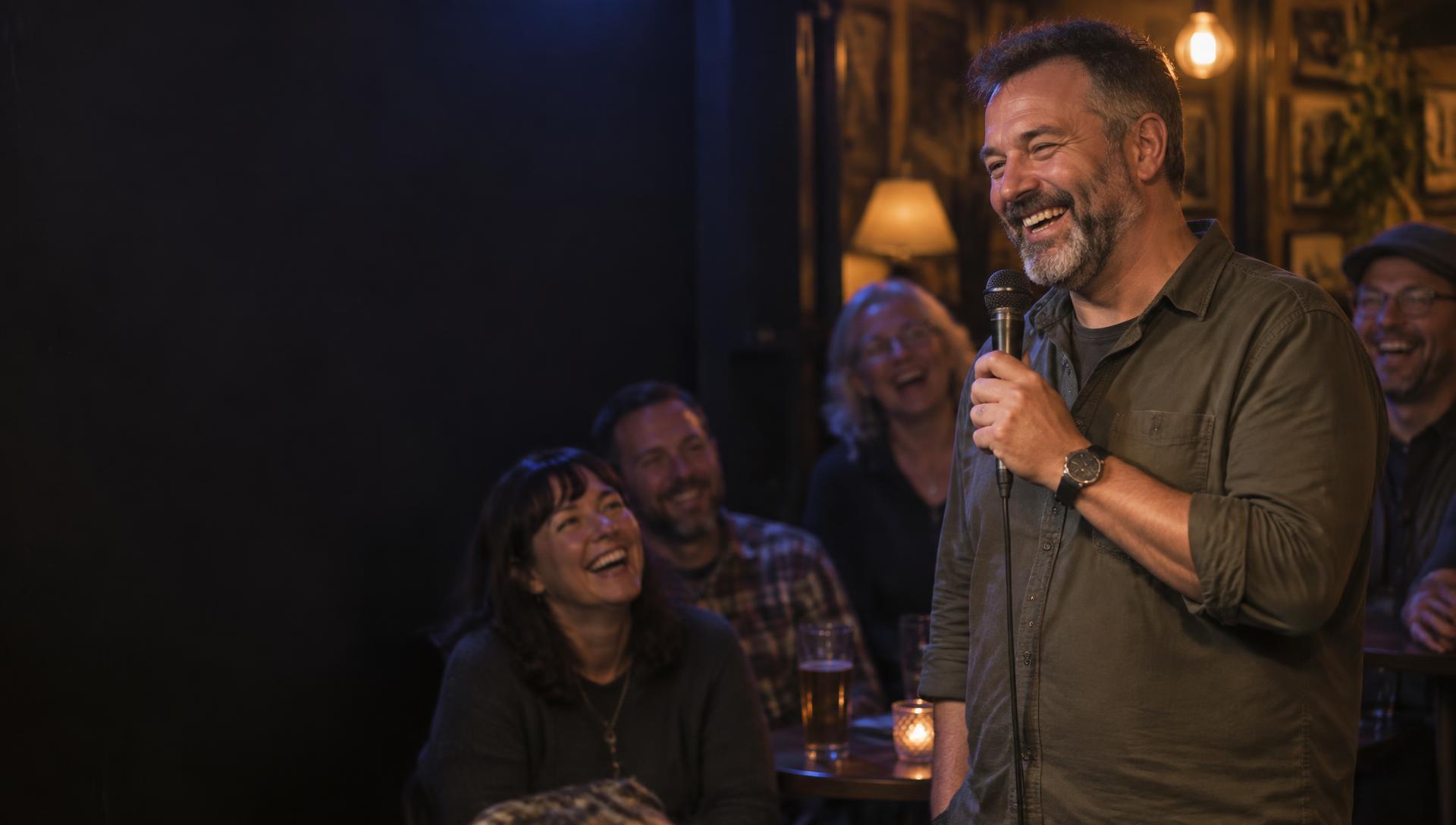 An everyday person taking a turn at the microphone with friends